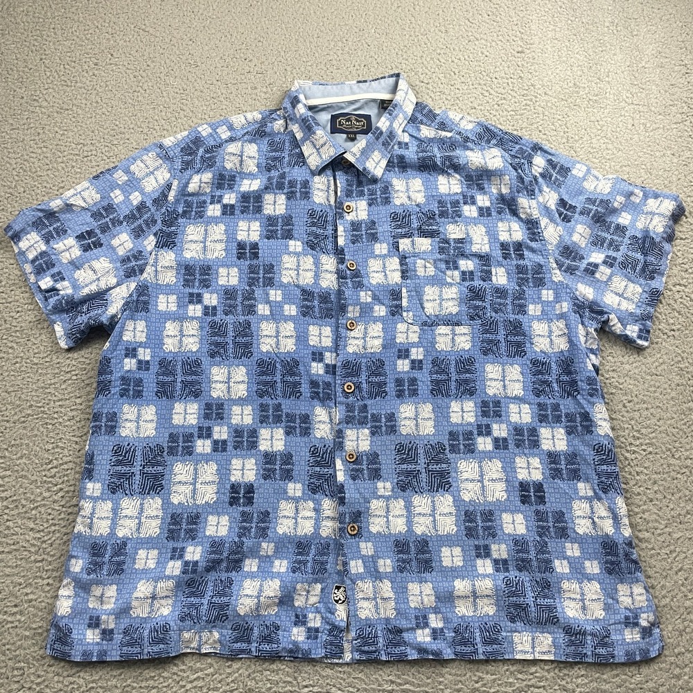 Nat Nast Shirt Mens 2XL XXL Blue Short Sleeve Button Up Silk Blend Resort